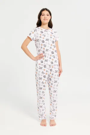 Senior Girls White And Black Printed Pyjama Set (2 Piece)