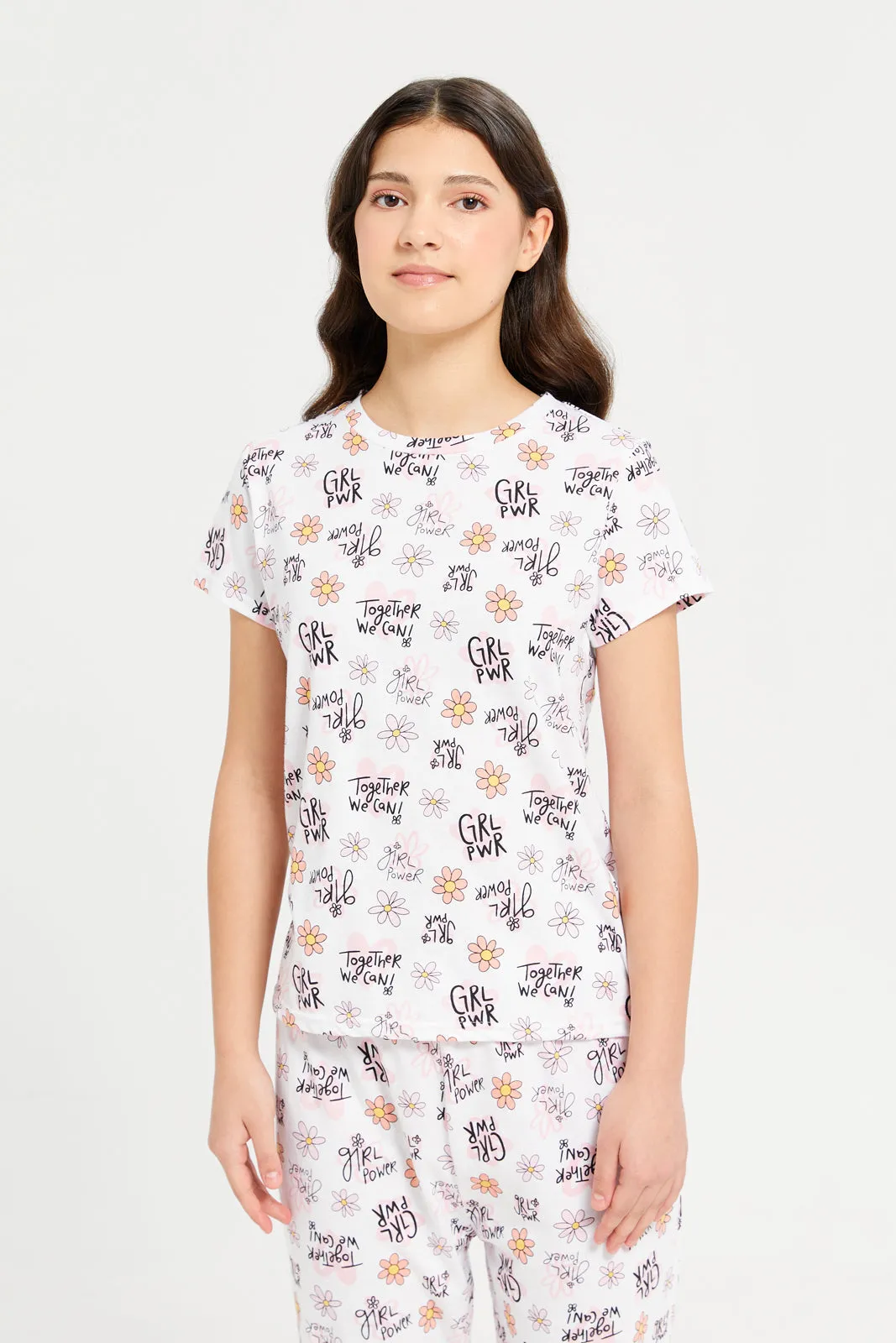 Senior Girls White And Black Printed Pyjama Set (2 Piece)
