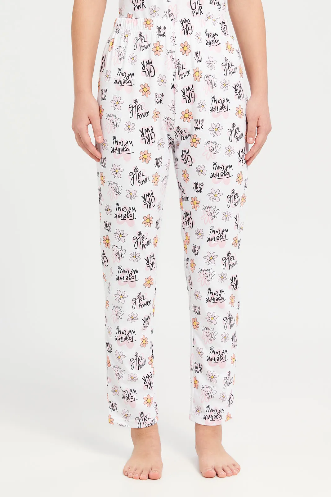 Senior Girls White And Black Printed Pyjama Set (2 Piece)