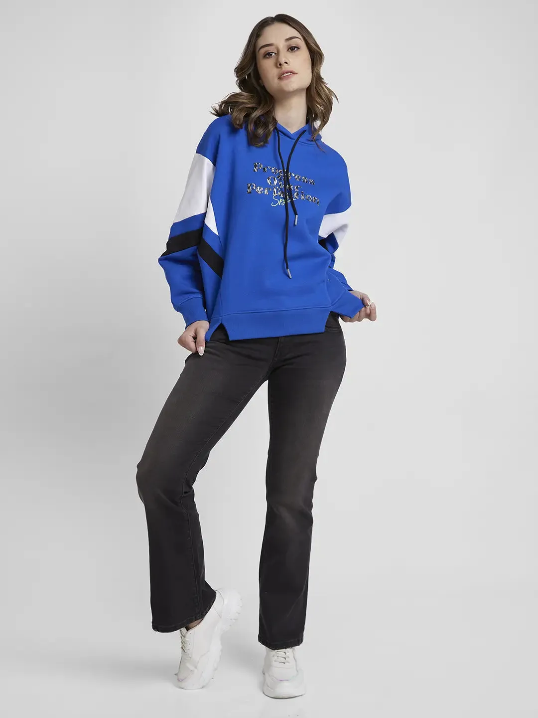 Spykar Women Galactic Cobalt Blended Comfort Fit Hooded Printed Sweatshirt