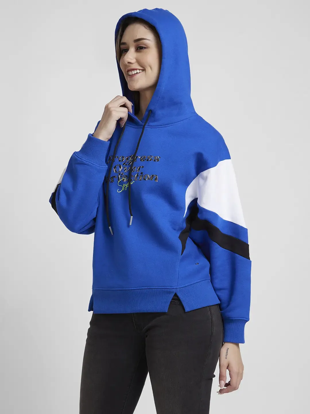 Spykar Women Galactic Cobalt Blended Comfort Fit Hooded Printed Sweatshirt