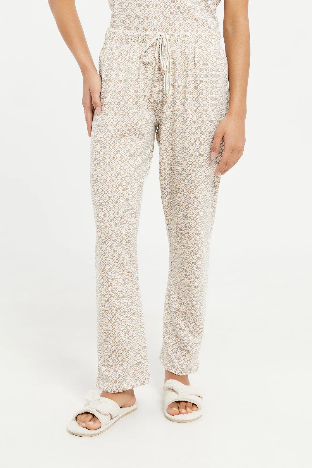 Women Beige Printed Pajama Set (2 Piece)