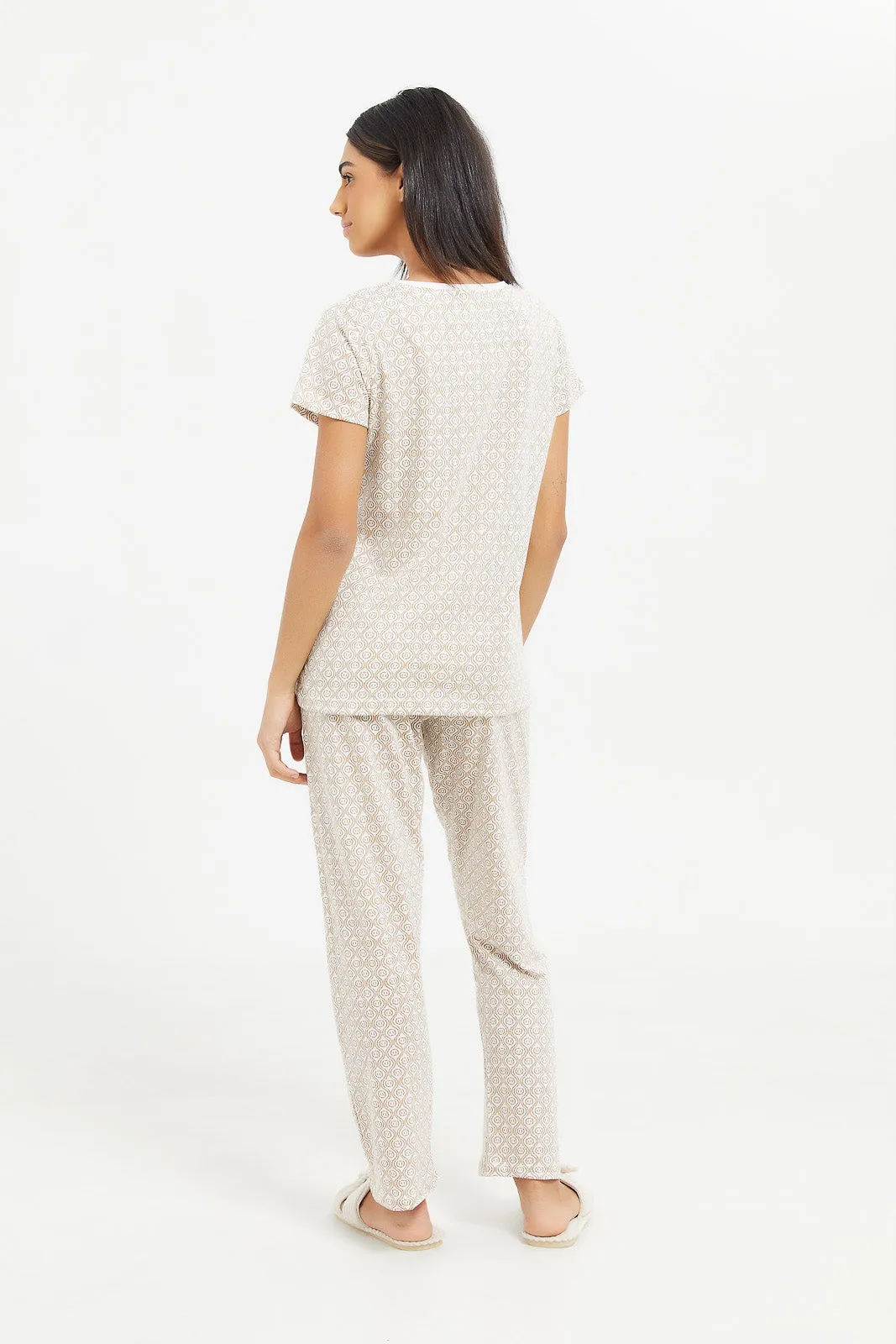 Women Beige Printed Pajama Set (2 Piece)