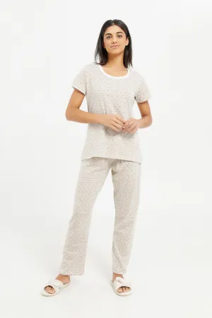 Women Beige Printed Pajama Set (2 Piece)