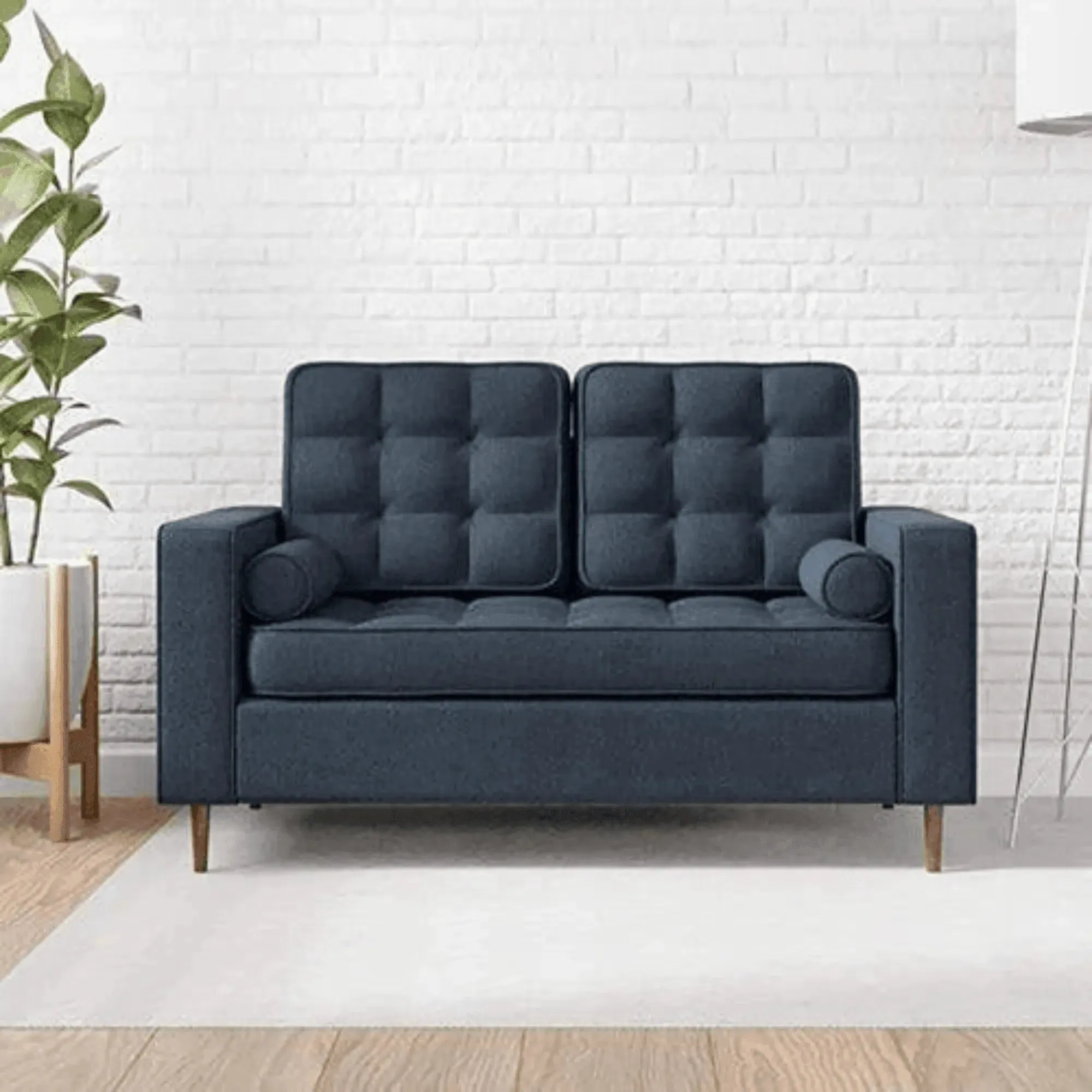 Wooden Twist Madera Square Arms and Tufting-Bolster Solid Wood & Leatherette Fabric 2-Seater Chaise Lounge With 2 Pillows