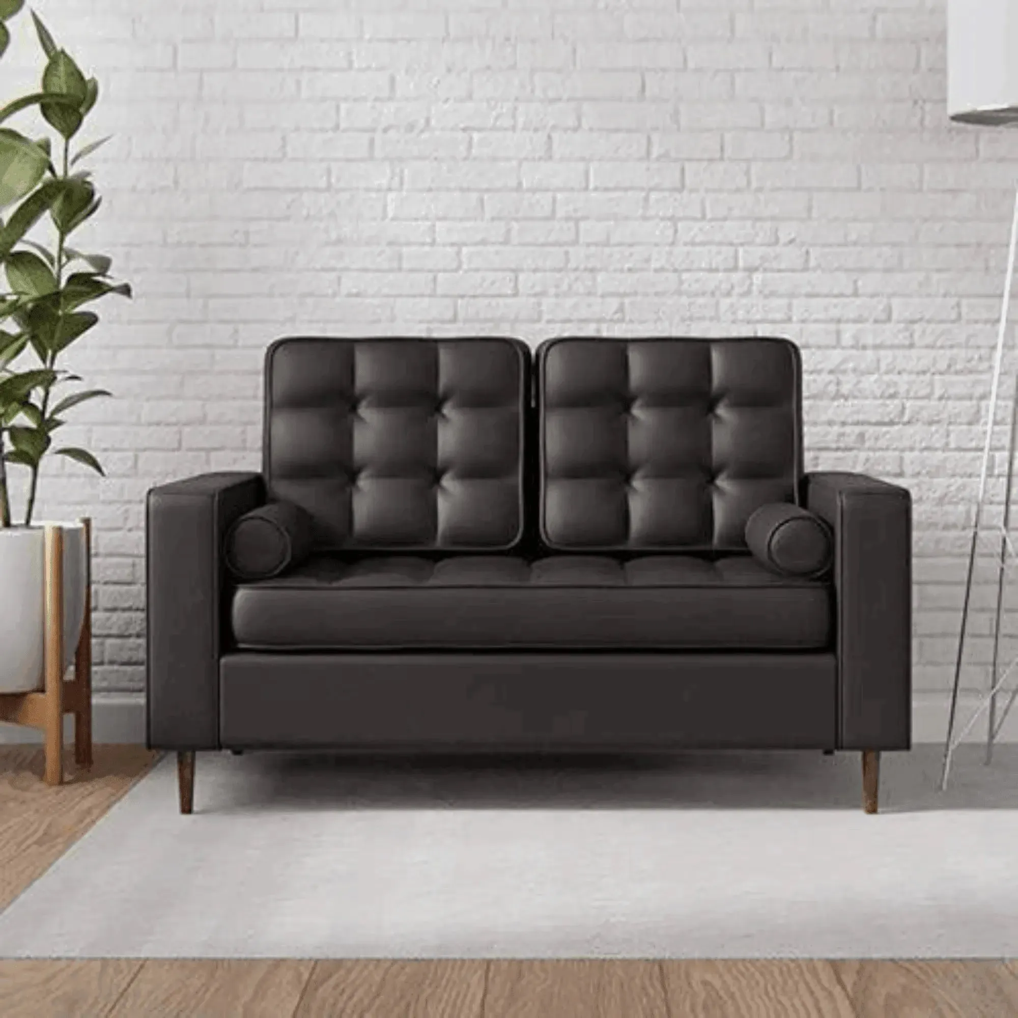 Wooden Twist Madera Square Arms and Tufting-Bolster Solid Wood & Leatherette Fabric 2-Seater Chaise Lounge With 2 Pillows